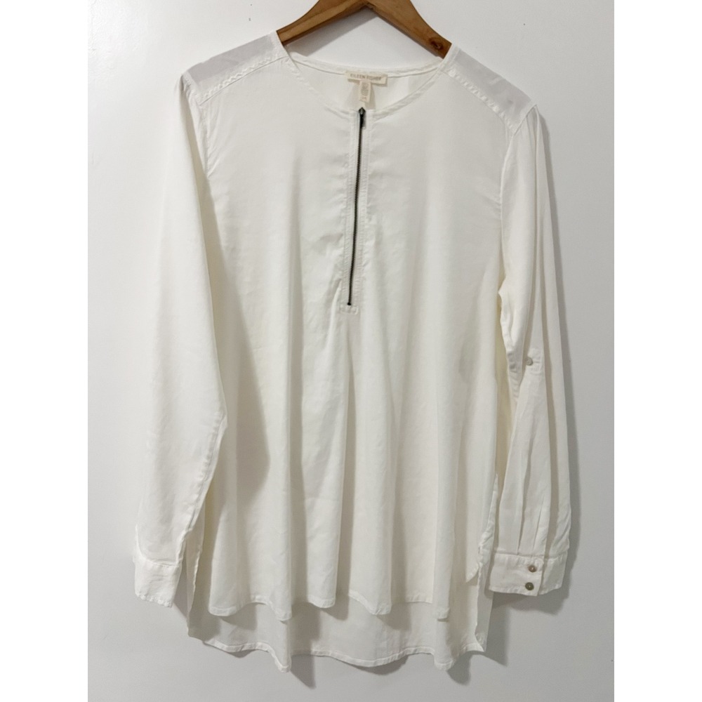 Eileen Fisher White Organic Cotton Half Zip Roll Tab Sleeve Tunic Blouse LG